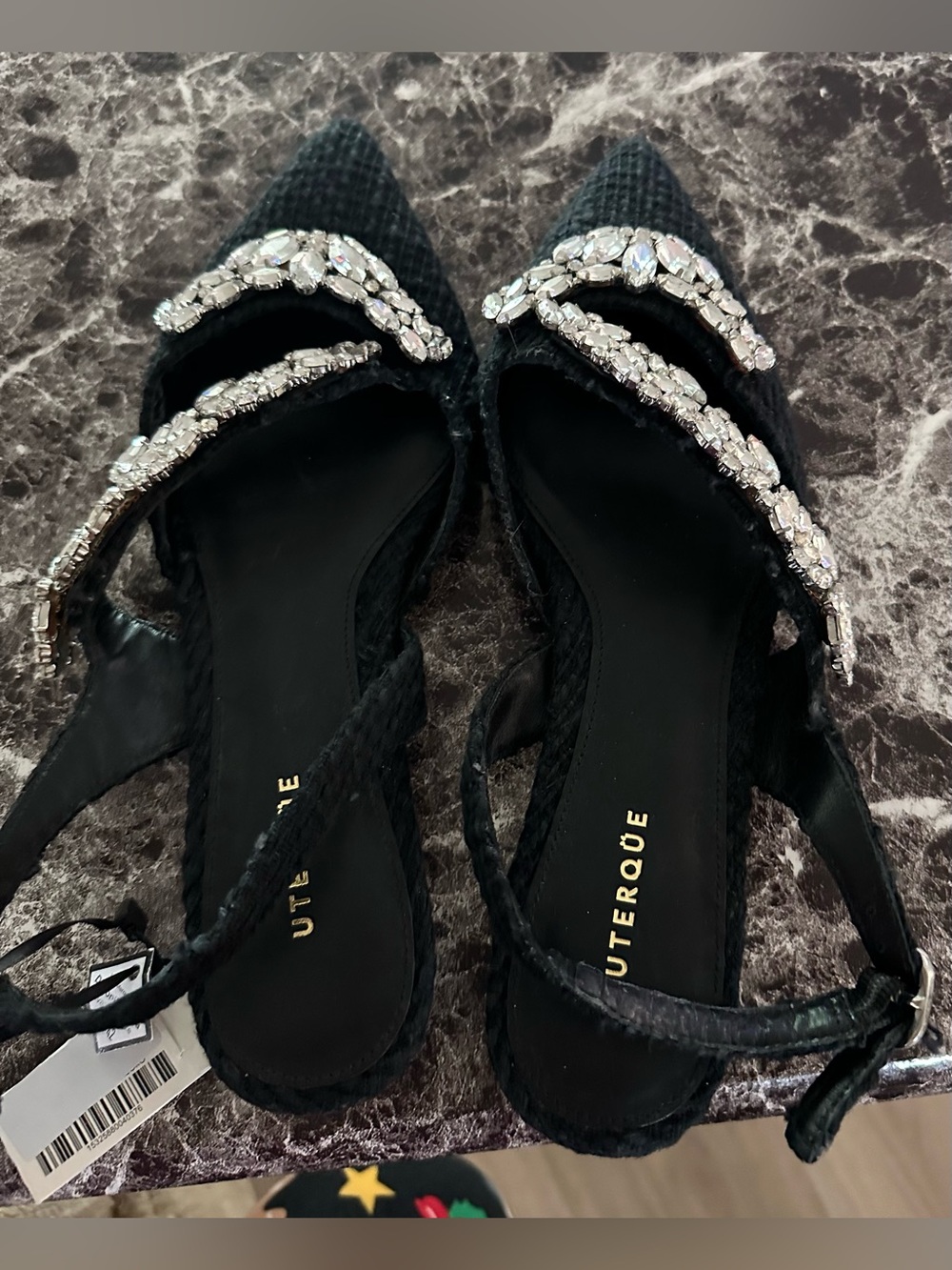 Uterque Black Crystal-Embellished Slingback Heels